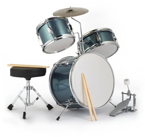 LEADZM Schlagzeug Set 14'' für Kinder ab 3 Jahren, 3PC Anfänger Drum Set mit Hocker, Bassdrum-Pedal und 2 Drumsticks, Becken, Tom und Snare Drum (Blau)