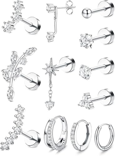 Roheafer 12Pcs Helix Piercings Chirurgenstahl Ohrringe Piercing Set Piercing Ohr Flatback Ohrstecker Ohrringe Creolen Gold Silber Conch Helix Tragus Piercings Schmuck für Damen