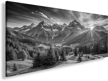 Leinwandbild Sonnenaufgang küsst die majestätischen Alpen Panorama 60x30cm Effekt: Schwarz&Weiß XXL Wandbild auf Keilrahmen/Kunstdruck/Bild Wohnzimmer Dekoration