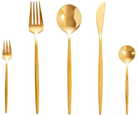 SWISON Set couverts de table dorés acier inox 60 pièces pour 12 personnes | Ensemble ménagère or avec couteaux fourchette et cuillère, Design légère Lave-vaisselle