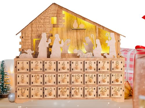 Krippenszene Adventshaus – 24 Tage Weihnachtsdekoration aus Holz, Handarbeit, Adventskalender, Schublade mit LED-Licht, für Innenbereich, Partys, Büro