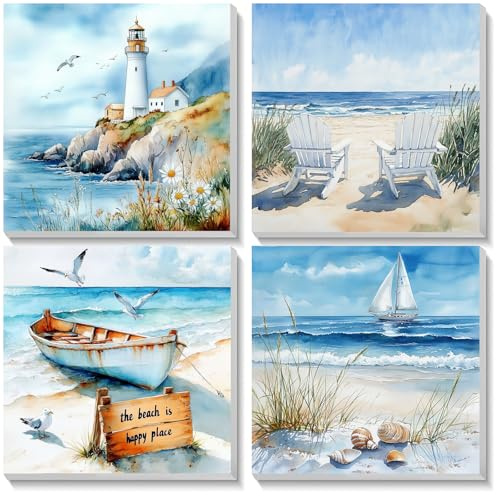 KEYIFA 4 Pack Peinture Numero avec Cadre Adultes, Painting by Numbers Kits Débutants, DIY Vue Sur la Mer Toile Peinture Numero Art Loisirs Créatifs Adultes, Décoration Intérieure Maison 20x20cm