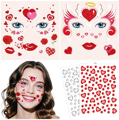 DPKOW Karneval Gesichtstattoos Amor Kostüm Damen Accessoires, Herz Temporäre Tattoos Glitzersteine Gesicht Schminke Zubehör Valentinstag Herz Kostüm Damen Faschingskostüme Mädchen Accessoires Karneval