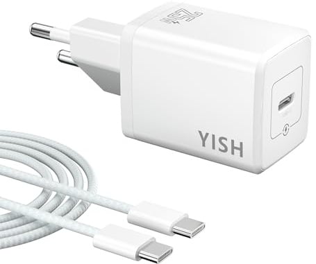 YISH 25W Caricatore USB C Caricabatterie： 3A USB C Presa Carica Alimentatore con 60W Cavo USB Type-C 1M Spina Ricarica Adattatore Tipo C Compatibile con iPhone 17/16/15 /Samsung Galaxy S26/S25/S24