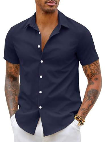 COOFANDY Camisa Hombre Manga Corta Ligero Formal Verano Camisas Vestir Trabajo Adultos Básica con Botones Boda Playa Sólido Camisas Shirts Azul Marino L