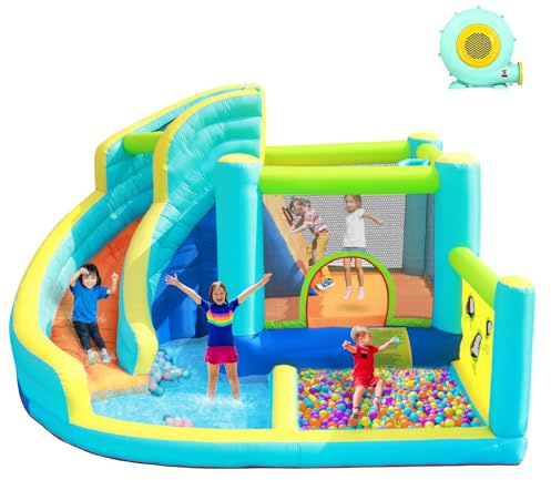 Inflatable Bouncy Castle Water Park with Slide Sprayer Trampoline Climbing Wall & Basketball Hoop, Includes Air Blower, Outdoor Indoor Bounce House for Kids Toddlers, Holds Up to 5 Children