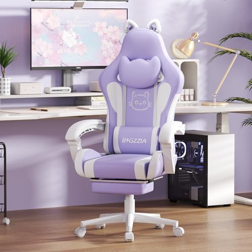 Racingreat Gaming Chair with Massage for Adults (Purple) | Footrest,Height Adjustable,Reclining,Headrest,Lumbar Support,Armrests,360°-Swivel,Cat Ears