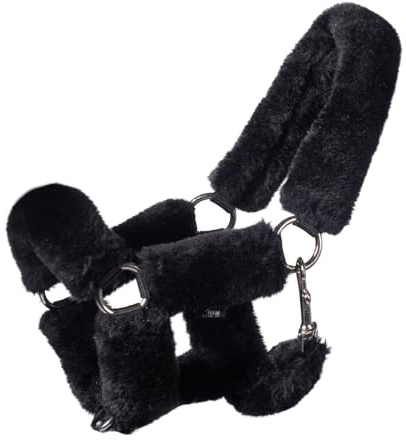 HKM Hobby Horsing Halfter mit kuscheligem Kunstfell - weiches Steckenpferdhalfter für das realistische Spielen (Schwarz)