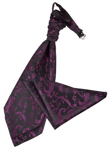 DQT Mens Passion Floral Pre-Tied Cravat & Pocket Square Set – Wedding Formal Ascot - Black and Purple