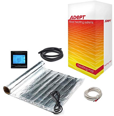 Adept Electric Underfloor Heating Mat Kit - 140W/m2, Fibreglass & Aluminium, Kit, Heating Mat, Laminate/Engineered Wood Flooring, 14m2 with Black Touchscreen Programmable Thermostat