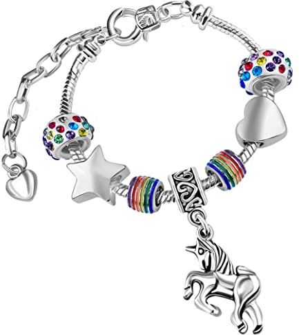Charm Buddy Charm-Armband mit Glitzerperlen und Einhorn-Motiv, Regenbogenfarben, inkl. Grußkarte in englischer Sprache und Geschenkbox, für Mädchen