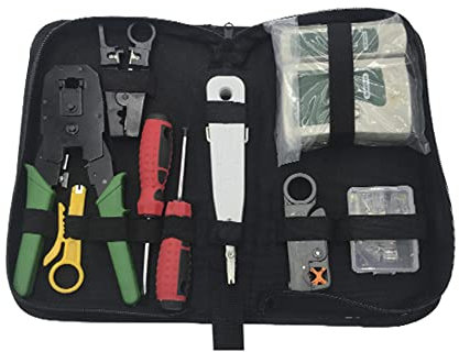 Safekom RJ45 RJ11 Ethernet Cable UTP SSTP FTP Kit Crimper Crimping Tool with Stripper Network Cat5e Cat6 Cat7 Tester Tool Kit Punch Down 2x Screwdrivers Oubao & Black Stripper 10 Modular Connector
