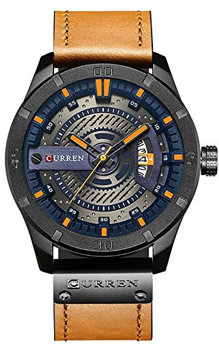 CURREN Herren-Armbanduhr, Quarz, analog, Militär-Sport, schwarzes Armband, Lederband 8301, Blau / Braun, Armband