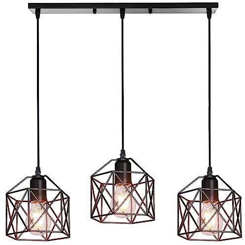 PETITES ECREVISSES Lampadario a Sospensione Vintage 3 Luci Industriale E27 Plafoniera Retro in Metallo gabbia Lampada da soffitto per Cucina Salotto (Nero)