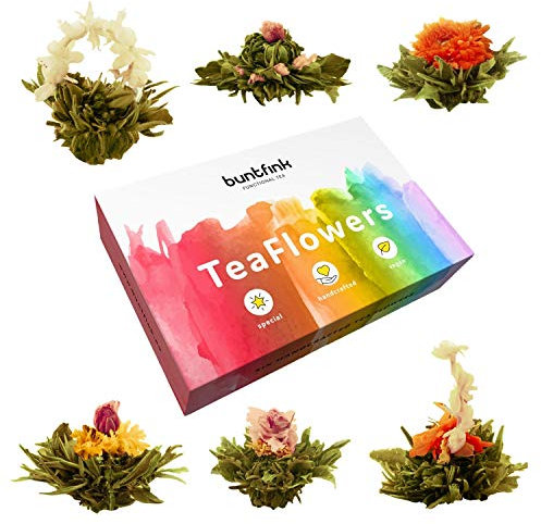 Buntfink TeaFlowers Teeblumen Geschenkset 6 Teerosen Teeblüten in Geschenkbox Erblühtee von Hand gebunden und vakuumverpackt Geschenk für Frauen und Teeliebhaber Blooming tea flowers