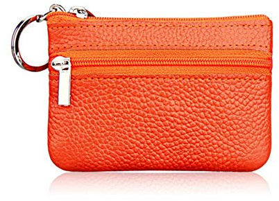 AprinCtempsD Porte-Monnaie Petit en Cuir Véritable Mini Portefeuille Zippé avec Porte-Clés pour Femme Homme (Orange)