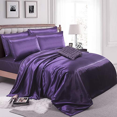 ZIMEL HOMES 6 piece-Satin sheets Soft bedding shiny silky bedding sets - duvet cover, Fitted sheet set, 4 pillowcases, complete bed sheet set