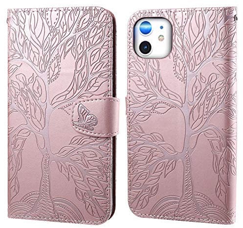 Aisenth for iPhone 12 Mini Flip Case, The Tree of Life Embossed PU Leather Wallet Phone Folio Case Magnetic shockproof Protective Cover with Stand function, Card Slots + 1 pcs Wrist Strap (Pink)