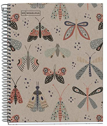 Miquelrius - Notebook-Notizbuch 100 % recycelt, 1 Farbstreifen, A5, 80 kariert, 5 mm, Papier 80 g, 2 Bohrungen, Recycling-Karton, Design Ecobutterfly