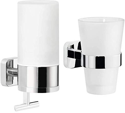 tesa® ELEGAANT Design-Seifenspender + tesa® ELEGAANT Zahnbürstenhalter, edles Design, Metall, verchromt, Milchglas, inkl. Klebelösung