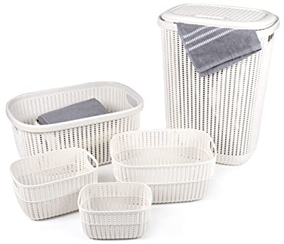 alpina Wäschekorb-Set - 5 Teile - 1 mit Deckel - Kunststoff mit Strickmuster - Beige