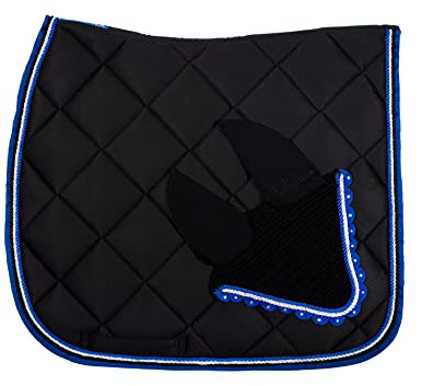 WAGNER Dressur Schabracke mit Fliegenhaube und Strass-Steinen SCHWARZ-Royalblau