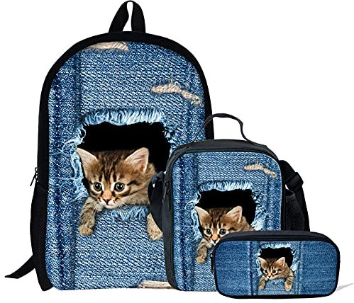 NETILGEN Denim Katze Mini Schulranzen Lunchbox Tasche,mädchen Schulrucksäcke Für Grundschule Großer Rucksack,Kinder Federmäppchen,rucksäcke Kinder Büchertaschen 3er Set