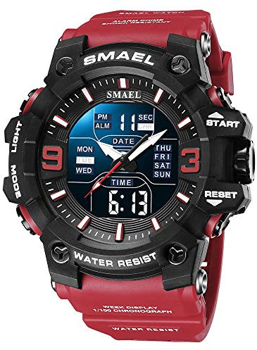 Reloj de competición para hombre, deportivo, resistente al agua, militar, multifunción, táctica, LED, alarma, cronómetro, para hombre, Rojo -, Deportivo