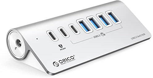USB Hub, ORICO USB C 3.2 Gen 2 Hub, 7 Port USB Verteiler 10 Gbps mit 4 USB A, 2 USB C und 1 PD 60W, 24V/3A Netzteil, Aluminium USB Splitter mit 1M USB C Kabel für MacBook, MacBook Pro