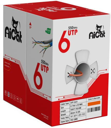 AiCat Cat6 Ethernet Cable 500ft - 23 AWG, CMR, ETL, Insulated Solid Bare Copper Wire Cat 6 Cable with Noise Reducing Cross Separator - 550MHZ / 10 Gigabit Speed PoE++ Unshielded UTP LAN Cable(Orange)