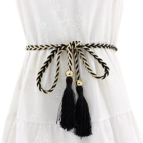 FAIRYGATE Tassel Belt Black Belt Womens Belts for Dresses Jeans Pants Braided Bowknot Thin (Nylon 180 * 1cm) A0717