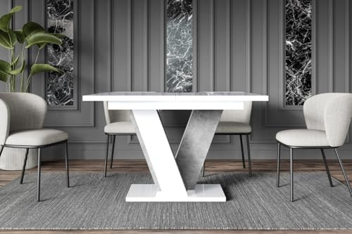 ALTDECOR Esstisch ausziehbar, ideal als Küchentisch, Esszimmertisch - oder Wohnzimmertisch, solide Konstruktion aus Möbelplatte, 120-160x90x75 cm - Hochglanz Weiß/Betonoptik - INEY