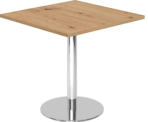 bümö Besprechungstisch, Esstisch klein, Tisch eckig 80x80 cm - Kleiner Esstisch Asteiche, Rundtisch Esstisch 2 Personen mit Holz-Platte, Säule aus Metall verchromt, Konferenztisch, Bistrotisch