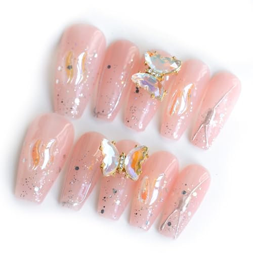 Sun&Beam Nails Handgefertigte Kunstnägel Mittel Lang Sargform Ballerina Nägel zum Aufkleben in Rosa Schmetterling 3D Glitzer Design mit Klebepads 10 Stück (#045 S)