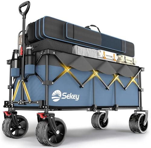 Sekey 300L Ultra-Large Folding Festival Trolley - All-Terrain Extra Wide Wheels and Brake, Heavy-Duty Cart Loadable up to 150KG, Patented Four-Directional Foldable Design, Collapsible Wagon, Blue&grey