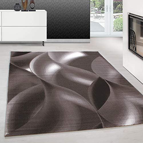 Teppium Moderner Kurzflor Teppich Wohnzimmer 240 x 340 cm Braun - Flauschiger Teppich Waschbar, Abstrakt Wellen Design, Pflegeleicht, Weich - Ideal für Schlafzimmer, Esszimer und als Küchenteppich