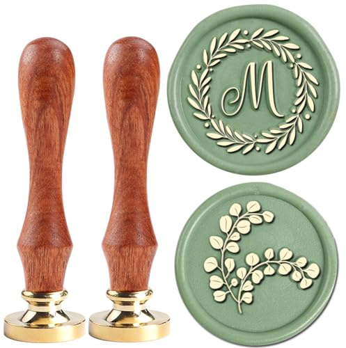 YOLAKIS Wachssiegelstempel mit Initiale M, Oliven-Alphabet M, Siegelstempel und Eukalyptuswachsstempel, Messingkopf, dekorieren, Weihnachtskarten, Umschlag, Geschenkverpackung, Hochzeit, Mottoparty,