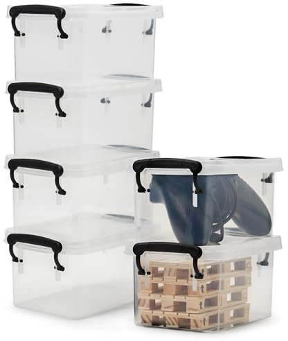 EZOWARE 1.3L Durchsichtige Aufbewahrungsbox mit Deckel, 6 Stück Stapelbar Transparent Kunststoff Aufbewahrungsbehälter Plastikbox Organizer mit Griffe und Verschlussclips - 19x12.5x9.5cm