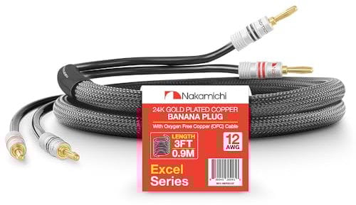 Nakamichi Excel Series Fiche banane plaquée or 24 carats avec câble de haut-parleur 99.9% en cuivre sans oxygène (OFC) tressé robuste pour amplificateur Hi-Fi – Noir (12 AWG / 3 pieds / 0.9 m)
