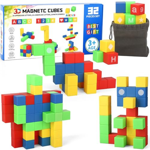 Dilabnda Magnetic Blocks, Magnet Building Cube Tiles Montessori STEM Toy Set for Toddlers 3+, Preschool Educational Construction Magnet Toys for Boys Girls Age 3 4 5 6 (32PCS)
