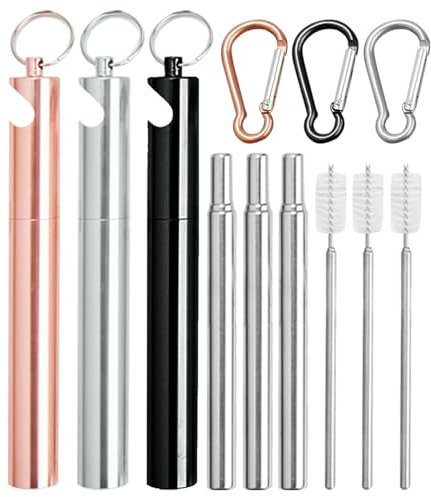 3 Set Collapsible Metal Straws with Case, Stainless Steel Telescopic Straw Reusable Drinking Straw with 3 Telescopic Cleaning Brush and Key Ring and Beer Opener Function for Travel, Home, Work