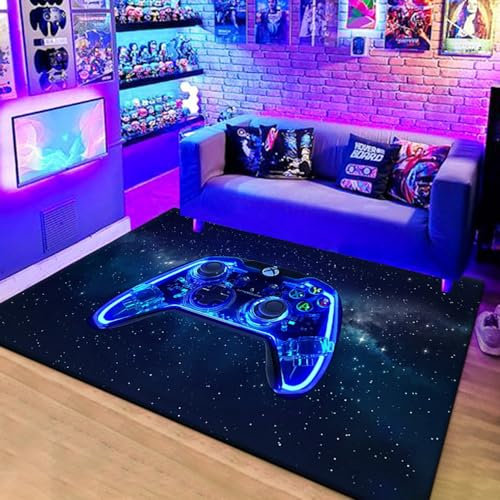 Gamer Rug 3D Gamepad Carpets for Bedrooms Teenager Boy Kids Men Gaming Anime Bed Rugs Bedroom Decorations Area Rugs Gaming Chair Mats Living Room Washable Non-Slip Rugs Pads (blue,80x160 cm)