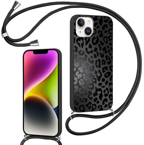 Foonary Coque pour Apple iPhone 14 Plus avec Cordon de Collier, Aesthetic Léopard Motif Étui Housse Réglable Lanyard Corde, Silicone TPU Antichoc Protection Case pour iPhone 14 Plus 6,7, Noir Chaîne