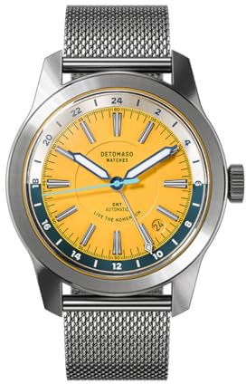 DeTomaso World Explorer Automatic Silver Yellow Silber Gelb Herren Armbanduhr Analog Automatik Mesh Armband Silber