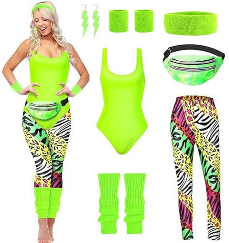 JINGTOPS 80er Jahre Kostüm Set für Damen - Outfit Mit Leggings, Beinwärmer, Gürteltasche - Karneval Accessoires (Leuchtendes Grün, XL)