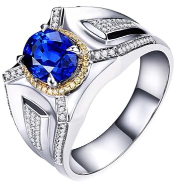 Herren Ringe Leuchtend, Saphir Ring Männer 18 Karat Weißgold und 18 Karat Gelbgold AU750 Lab Saphir 2CT Blau Ovalschliff VVS mit Diamant Natur Weiß