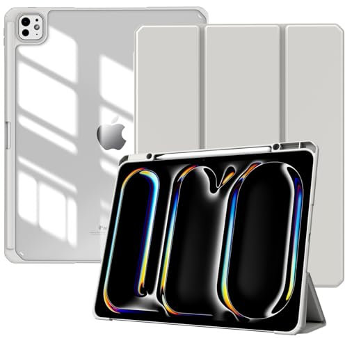TiMOVO Custodia per iPad PRO 13 Pollici (M4) 2024 con Portapenne, Cover Protettiva per iPad PRO 13 Pollici con Supporto Pieghevole & Retro Trasparente, Auto Sveglia/Sonno, Grigio Chiaro