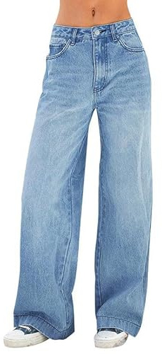 EMMIOL Women's 2026 Wide Leg Jeans Distress Mid Waist Denim Pants Vintage Y2K Trousers(Light Blue,L