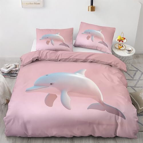 Sommer Bettwäsche 200x200 Delfin - Meerestiere Mädchen Bettbezug 200x200 3 Teilig, Weiche & Angenehme Mikrofaser Bettbezüge & 2 Kissenbezug 80x80, Bettwäsche-Sets mit Reißverschluss E&-161