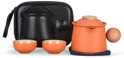 fanquare Juego de Té de Porcelana Juego de Té de Viaje Mini Portátil Naranja Tetera de Kung Fu China con Infusor Bolsa de Almacenaje para Exteriores